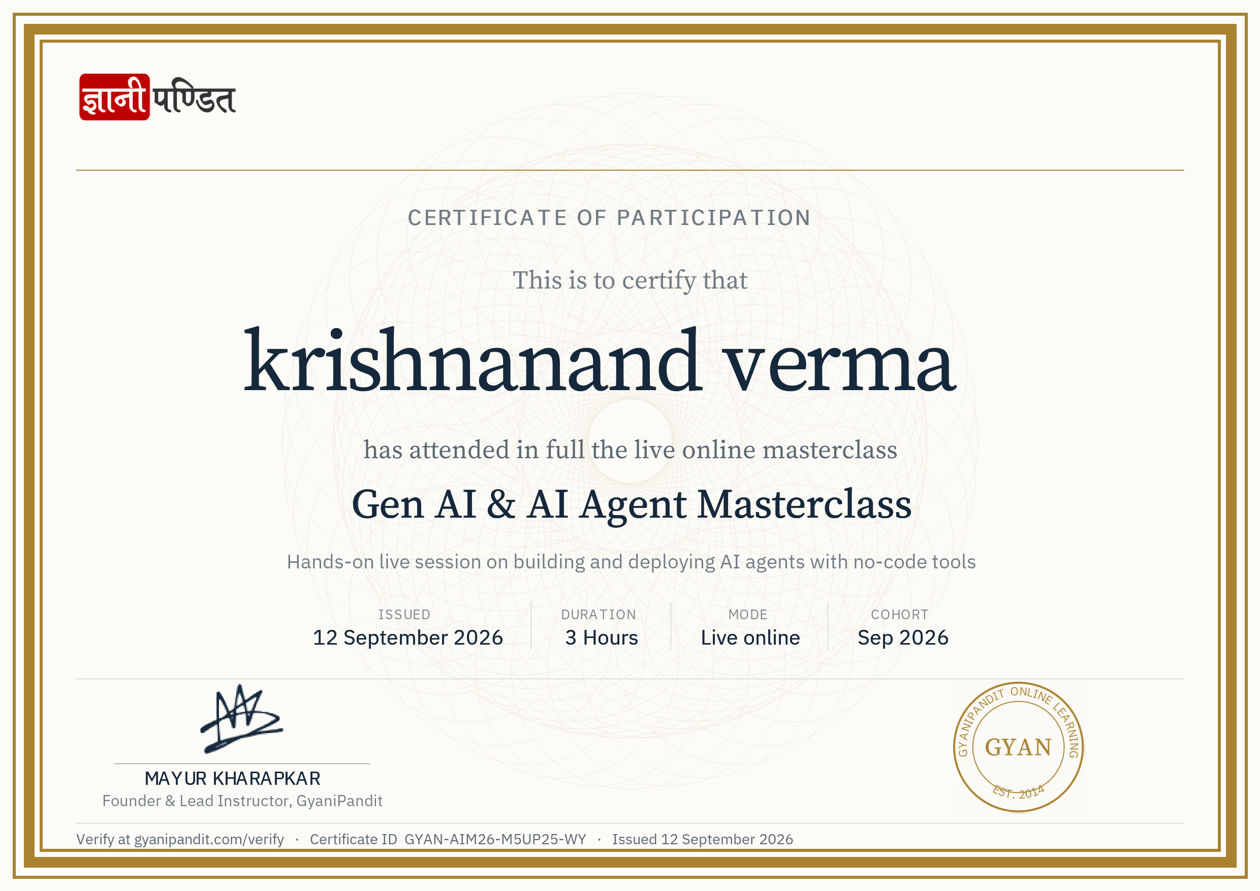 krishnanand verma — Gen AI & AI Agent Masterclass certificate