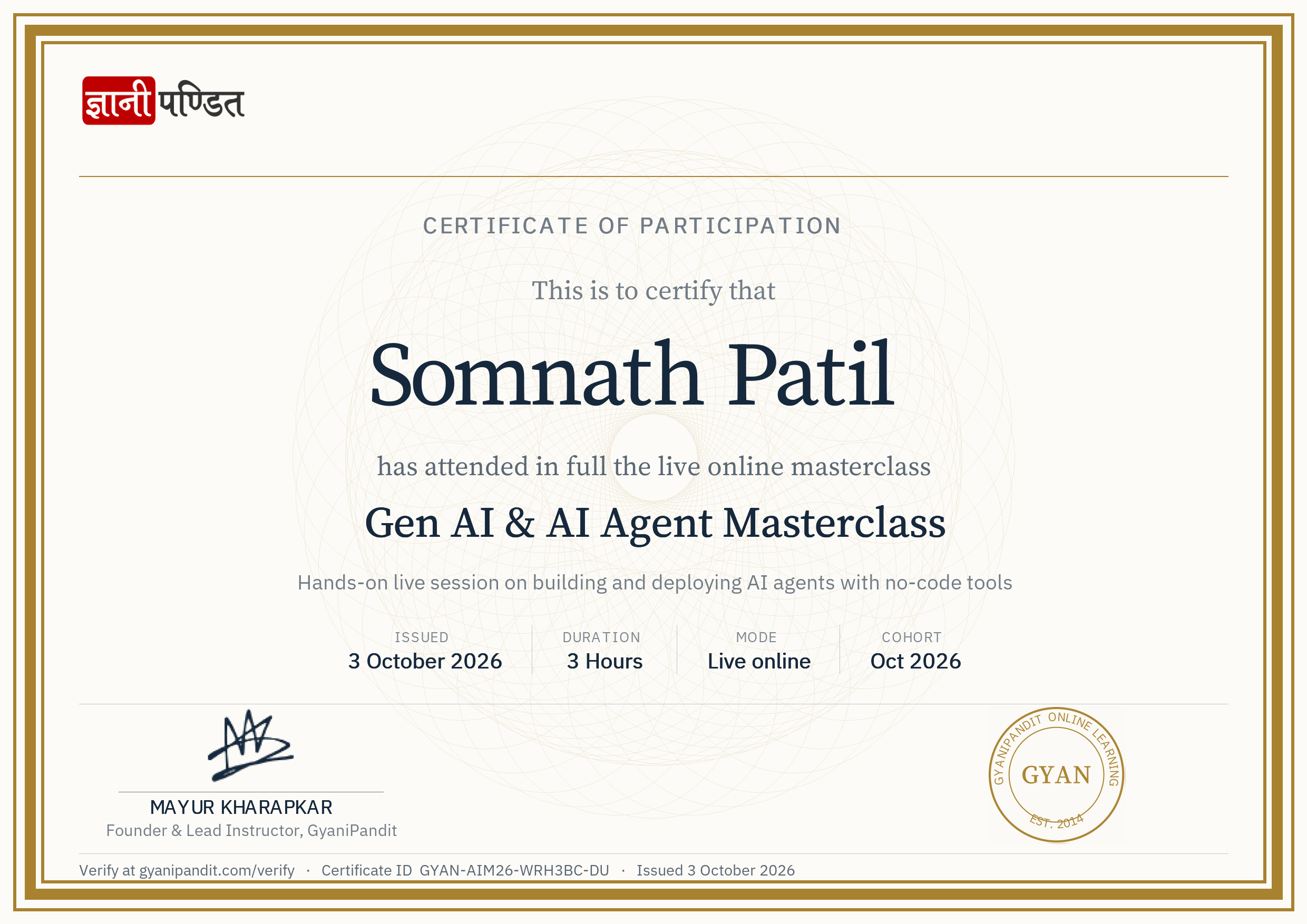 Somnath Patil — Gen AI & AI Agent Masterclass certificate
