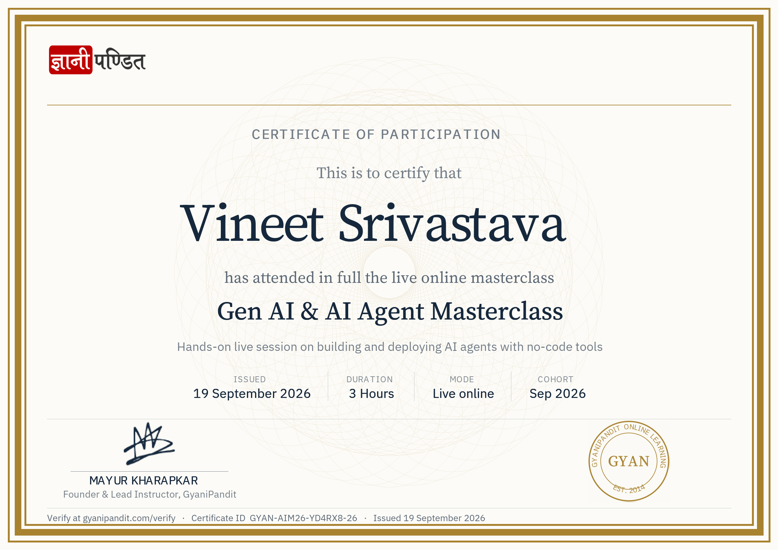 Vineet Srivastava — Gen AI & AI Agent Masterclass certificate